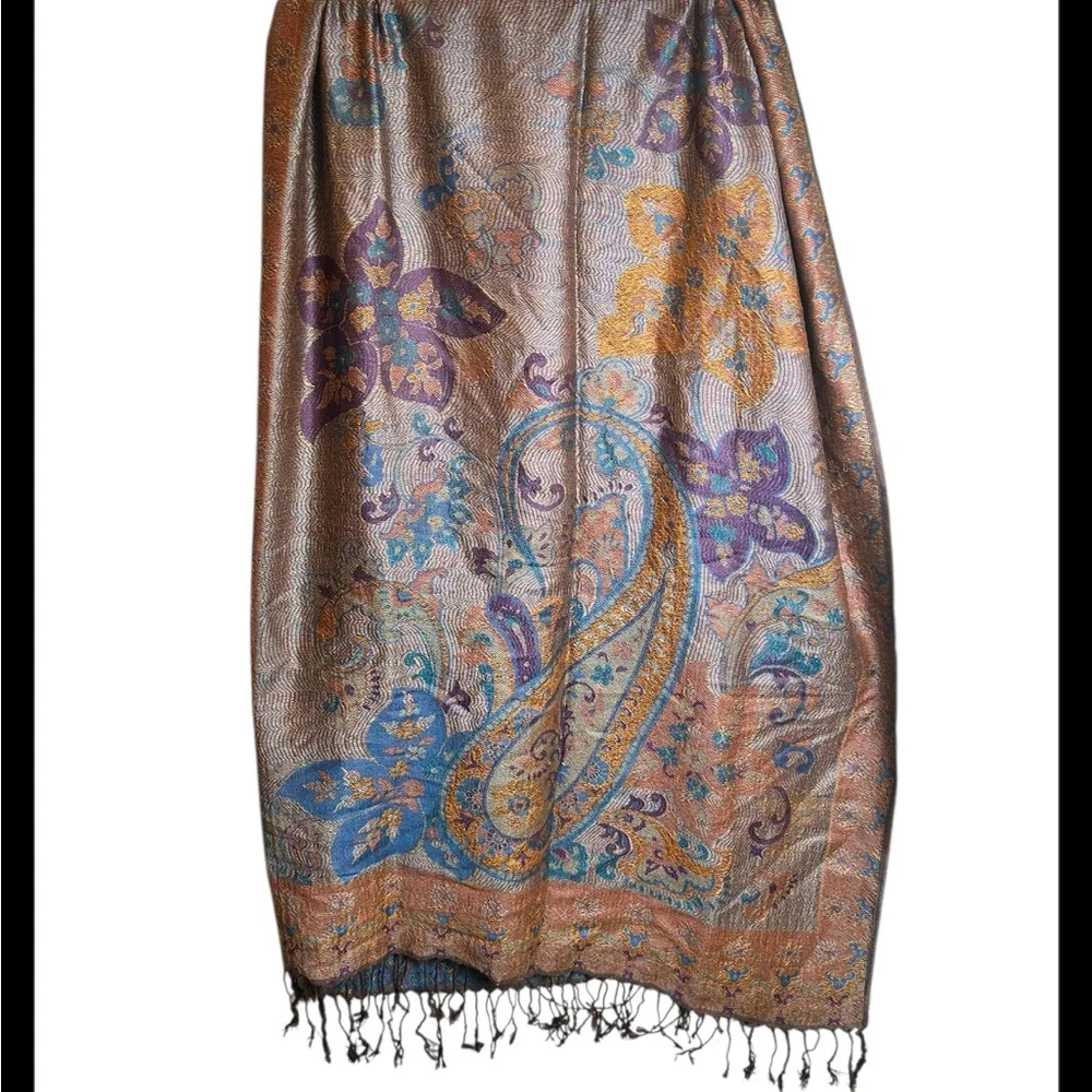 Blue Orange Purple 100% Cashmere Paisley Scarf W Tassel Detail - Picture 2 of 4